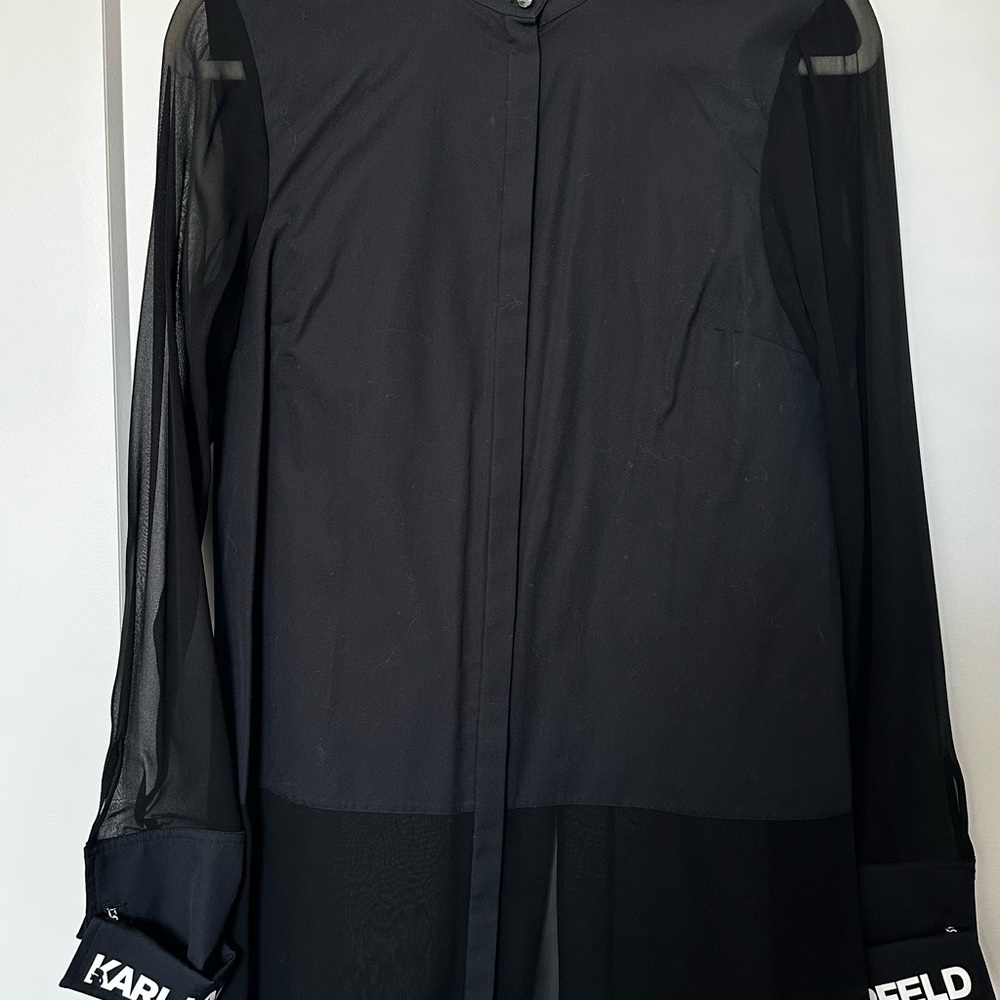 Karl Lagerfeld Black Sheer Button-Down Blouse with Logo Cuffs